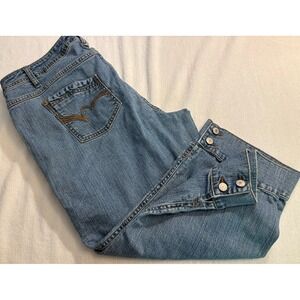 Faded Glory Women's Capris Sz 18W Blue Jeans Stretch Button ‎ Buckle Accents